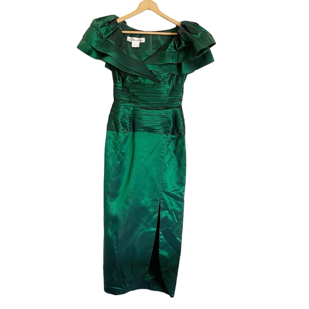 Vintage Lillie Rubin GlamEmerald Green Ruffled Puff Shoulder Evening Dress sz 6